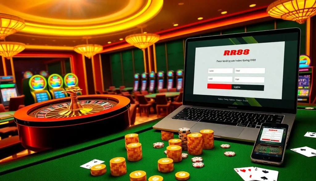 Experience RR88 Đăng Nhập with vibrant casino visuals featuring roulette wheels and poker tables.