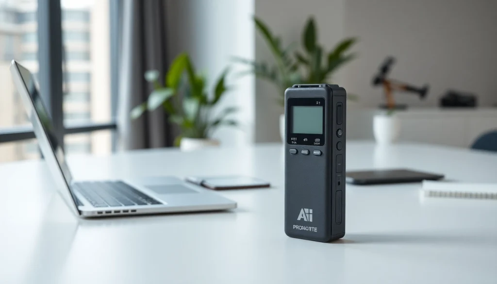 Capture the sleek ProNote AI Recorder in an organized office, showcasing its design and productivity.