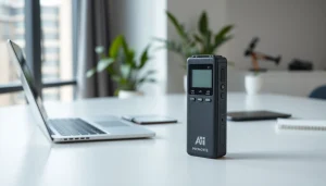 Capture the sleek ProNote AI Recorder in an organized office, showcasing its design and productivity.
