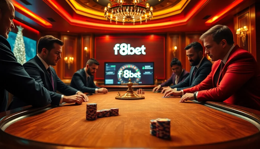Players enjoying a thrilling hand at the f8bet poker table in a luxurious casino setting.