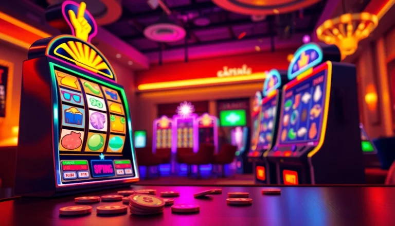 Menggambarkan pengalaman menang di petanitoto dengan mesin slot yang berputar dan suasana gaming yang energik.