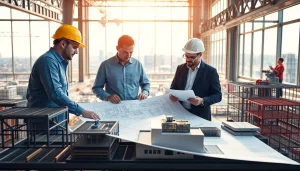 Architects and engineers collaborating on a steel structure design in a professional setting.