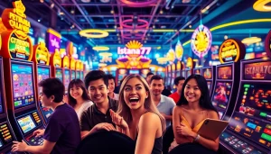 Bermain slot Istana777 dengan suasana kasino yang meriah dan penuh warna