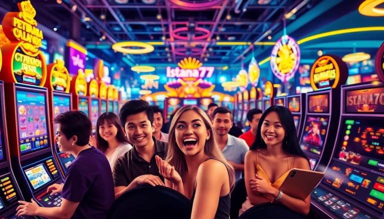 Bermain slot Istana777 dengan suasana kasino yang meriah dan penuh warna