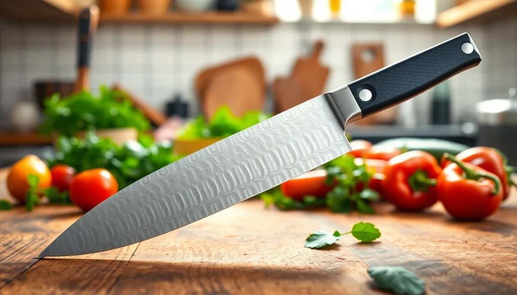 Showcase a chef’s knife NZ on a wooden countertop, highlighting its craftsmanship and sharpness.