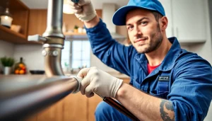 Plumber from https://speedyservicestoday.com.au fixing a pipe in a kitchen, showing expertise and reliability.