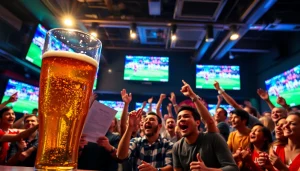 Penggemar judi bola menyaksikan pertandingan di bar olahraga yang ramai.