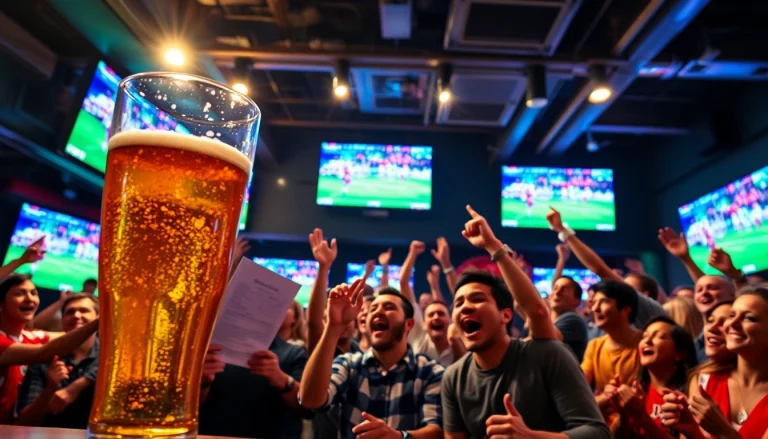 Penggemar judi bola menyaksikan pertandingan di bar olahraga yang ramai.