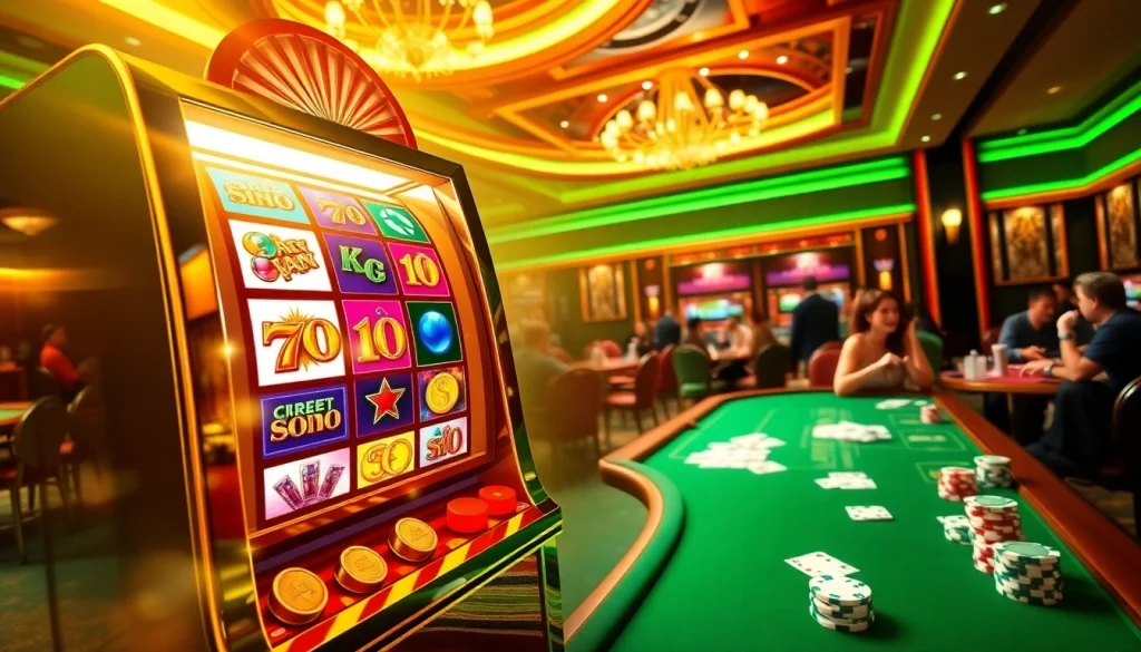 Engaging scene of an online 슬롯 machine in a luxurious casino setting, showcasing excitement and vibrant colors.