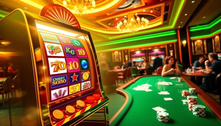 Engaging scene of an online 슬롯 machine in a luxurious casino setting, showcasing excitement and vibrant colors.