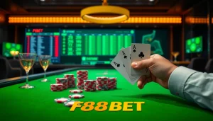Experience the excitement of online gambling with F88BET's luxurious casino scene featuring poker chips and vibrant betting interfaces.