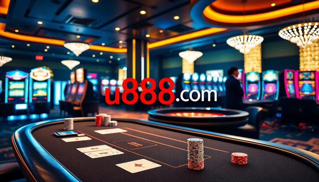 Experience the thrilling action at u888.com with vibrant casino tables and sleek slot machines.