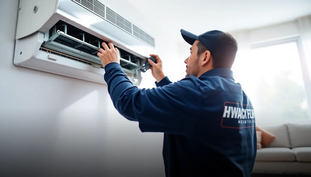 Expert in AC repair phoenix az fixing a high-efficiency air conditioning unit in a bright home.