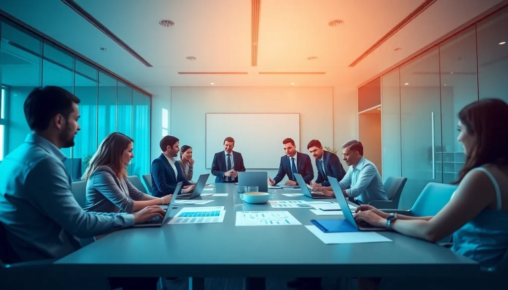 Professionals discussing SMSF tax return strategies in a modern office setting.