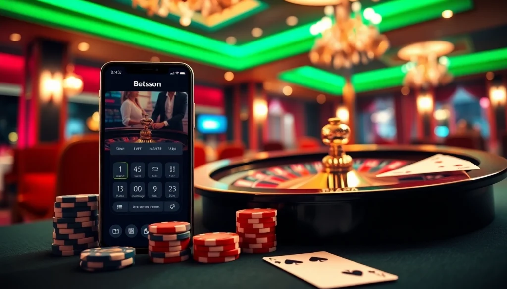 Betsson App interface showcased alongside roulette wheel and playing cards in an elegant casino setting.