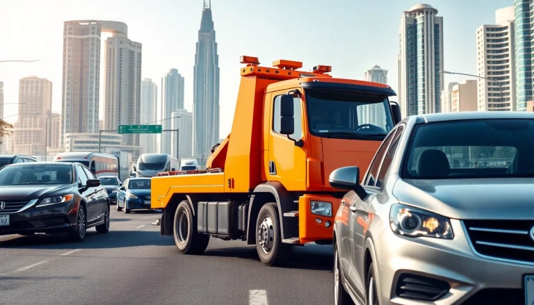 TRT Recovery offers professional car recovery services in Dubai with a bright orange tow truck.