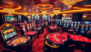 Enjoy an immersive experience at jun88.study featuring upscale casino tables and vibrant slot machines.