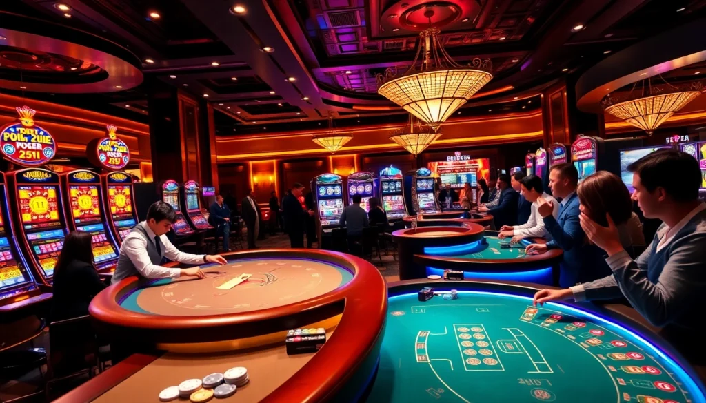 Players enjoying a thrilling poker game at 789club casino, showcasing excitement and luxury.