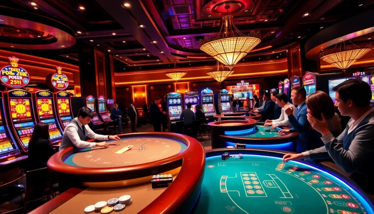 Players enjoying a thrilling poker game at 789club casino, showcasing excitement and luxury.