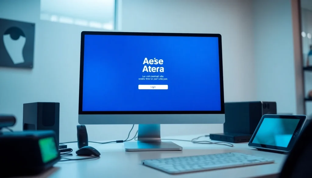 Atera login interface displayed on a computer screen with tech gadgets surrounding it.