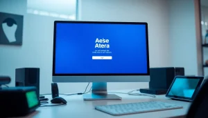 Atera login interface displayed on a computer screen with tech gadgets surrounding it.