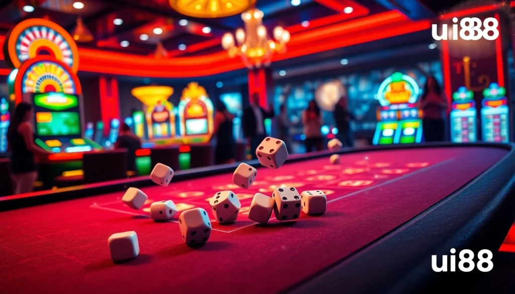 Players enjoying an exhilarating experience at uu88 casino with vibrant slot machines and poker tables.