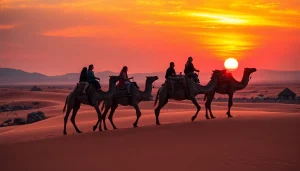 Agafay Desert camel ride at sunset highlighting serene landscapes and cultural richness.
