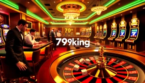 Exciting gambling scene with 79king logo, featuring vibrant casino tables and players enjoying their games.