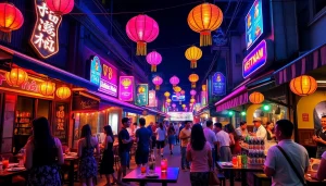Vibrant Vietnam nightlife scene illustrating 베트남밤문화 with bustling bars and lively patrons.