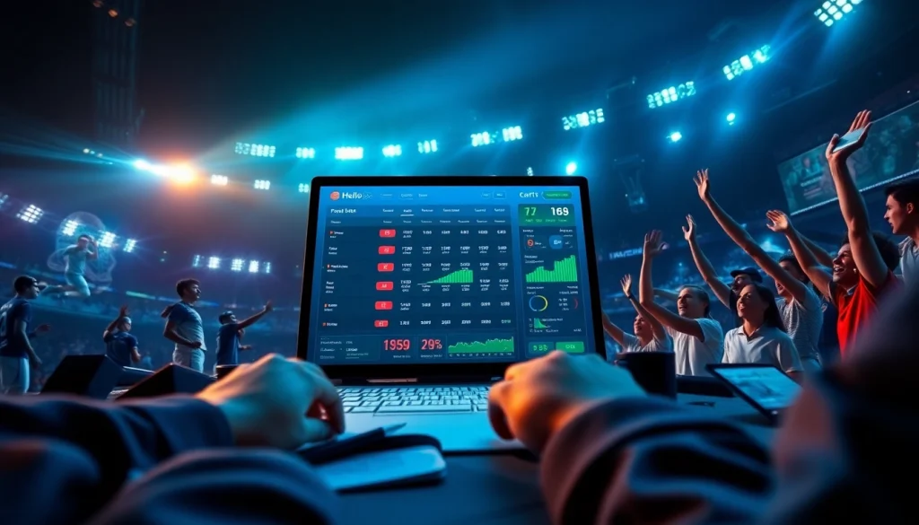 Hello88 online betting platform with vibrant sports action and modern digital interface, representing excitement and engagement.