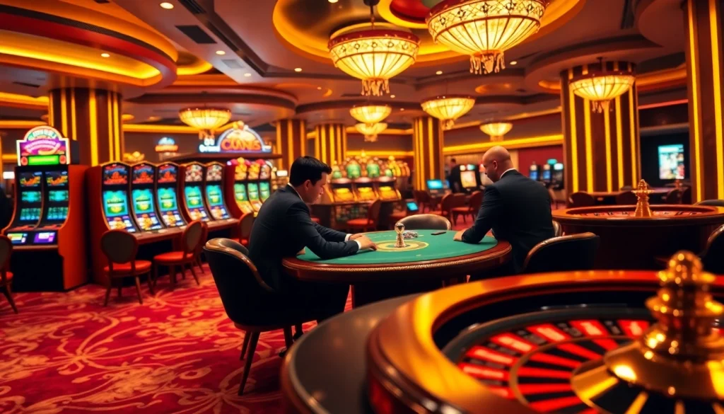 Engage in thrilling gaming action at go88.com with vibrant casino tables and slot machines.
