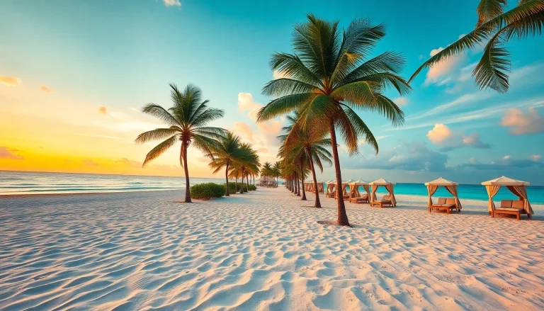 Luxury travel destinations showcasing a serene beach resort at sunset with turquoise waters and palm trees.