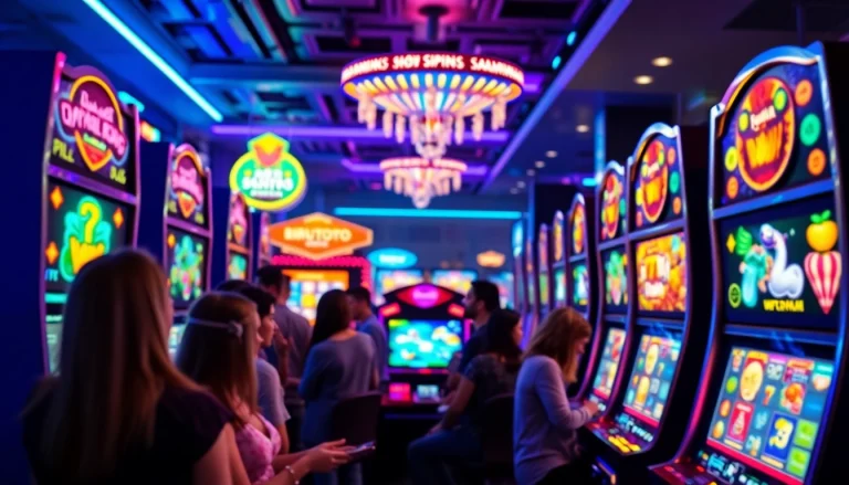 Suasana kasino virtual yang seru dengan mesin slot Birutoto dan para pemain yang bahagia.