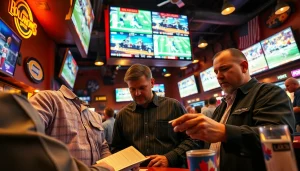 Enthusiastic patrons discussing sports betting in Oklahoma at a lively sports bar.
