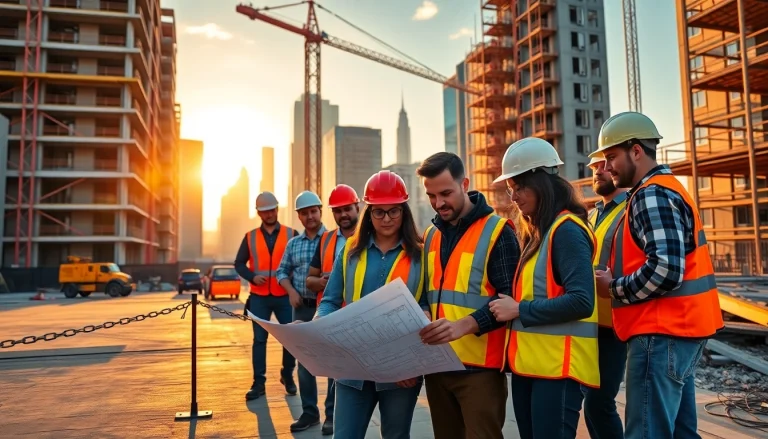 Team collaborating on careers in construction with blueprints and tools on a city site