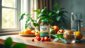 新鮮な野菜・果物が並ぶウェルネス環境に置かれた高品質な葉酸サプリ。