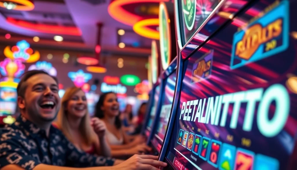 Menggugah semangat dengan PETANITOTO yang menyala di mesin slot modern di lingkungan kasino yang ceria.