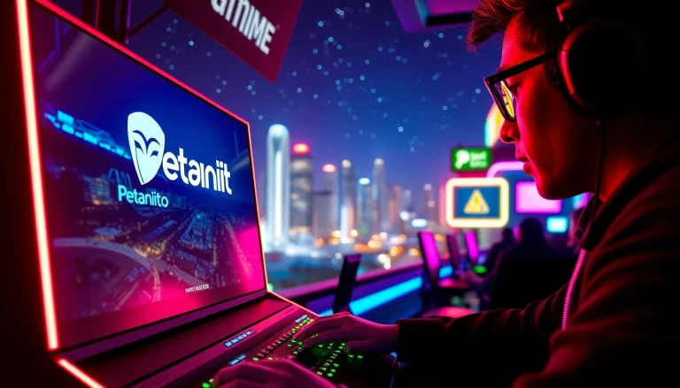 Permainan menarik di petanitoto dengan gamer fokus dalam suasana futuristik.