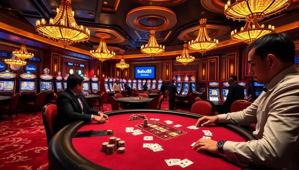 Gamblers enjoying poker and betting at Babu88 Casino, surrounded by vibrant slot machines.