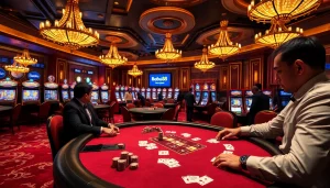 Gamblers enjoying poker and betting at Babu88 Casino, surrounded by vibrant slot machines.