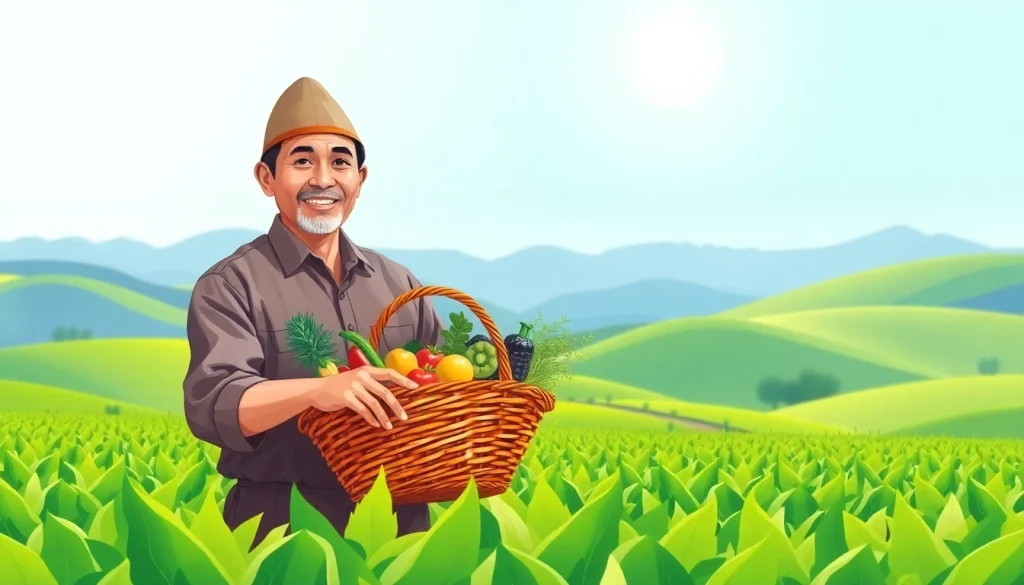 Petani toto yang memegang keranjang hasil panen di ladang hijau subur.
