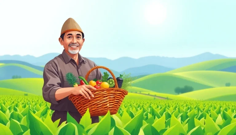 Petani toto yang memegang keranjang hasil panen di ladang hijau subur.