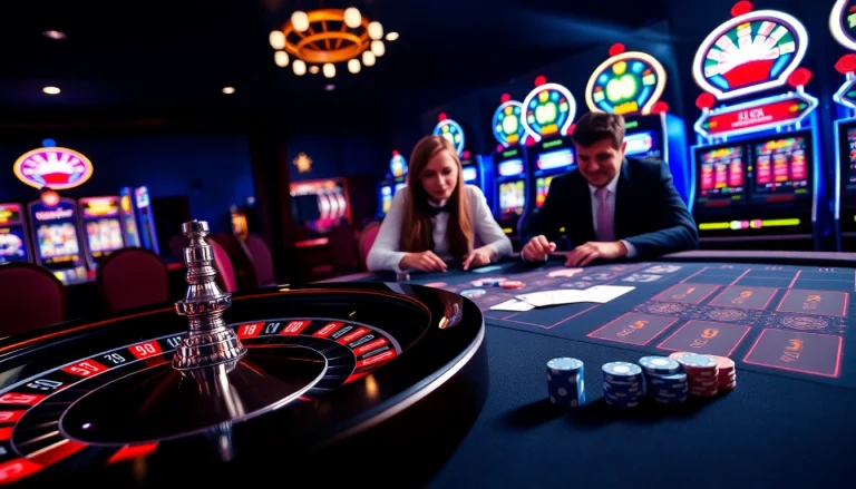Engage with RIOBET's vibrant online casino environment featuring roulette and slot machines.