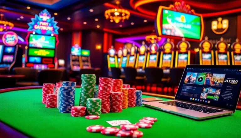 Exciting poker action at a JeetBuzz casino table with colorful chips and vibrant lights.