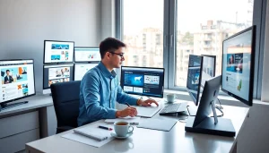 Professional workspace showcasing Thiết kế website with designer at work.