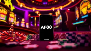 Experience gaming excitement with AF88 APP surrounded by vibrant roulette and slot machines.