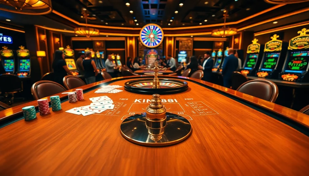 Exciting casino atmosphere showcasing king88 with a blackjack table and vibrant gaming elements.