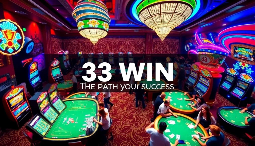 Experience the vibrant thrill of 33 win with excited gamblers celebrating at a luxurious casino gaming floor.