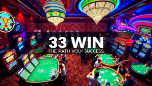 Experience the vibrant thrill of 33 win with excited gamblers celebrating at a luxurious casino gaming floor.