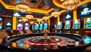 Experience the excitement of 389WIN at a luxurious casino featuring roulette and slot machines.